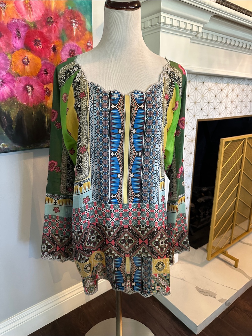Johnny Was Vibrant Green & Blue Printed silk Tunic Top